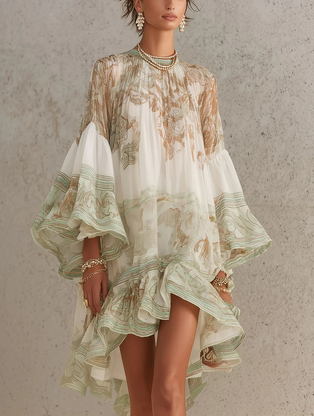 Rosalie | Chiffon-Minikleid mit Rüschensäumen und grünem gestreiftem Saum