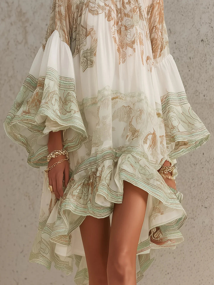 Rosalie | Chiffon-Minikleid mit Rüschensäumen und grünem gestreiftem Saum