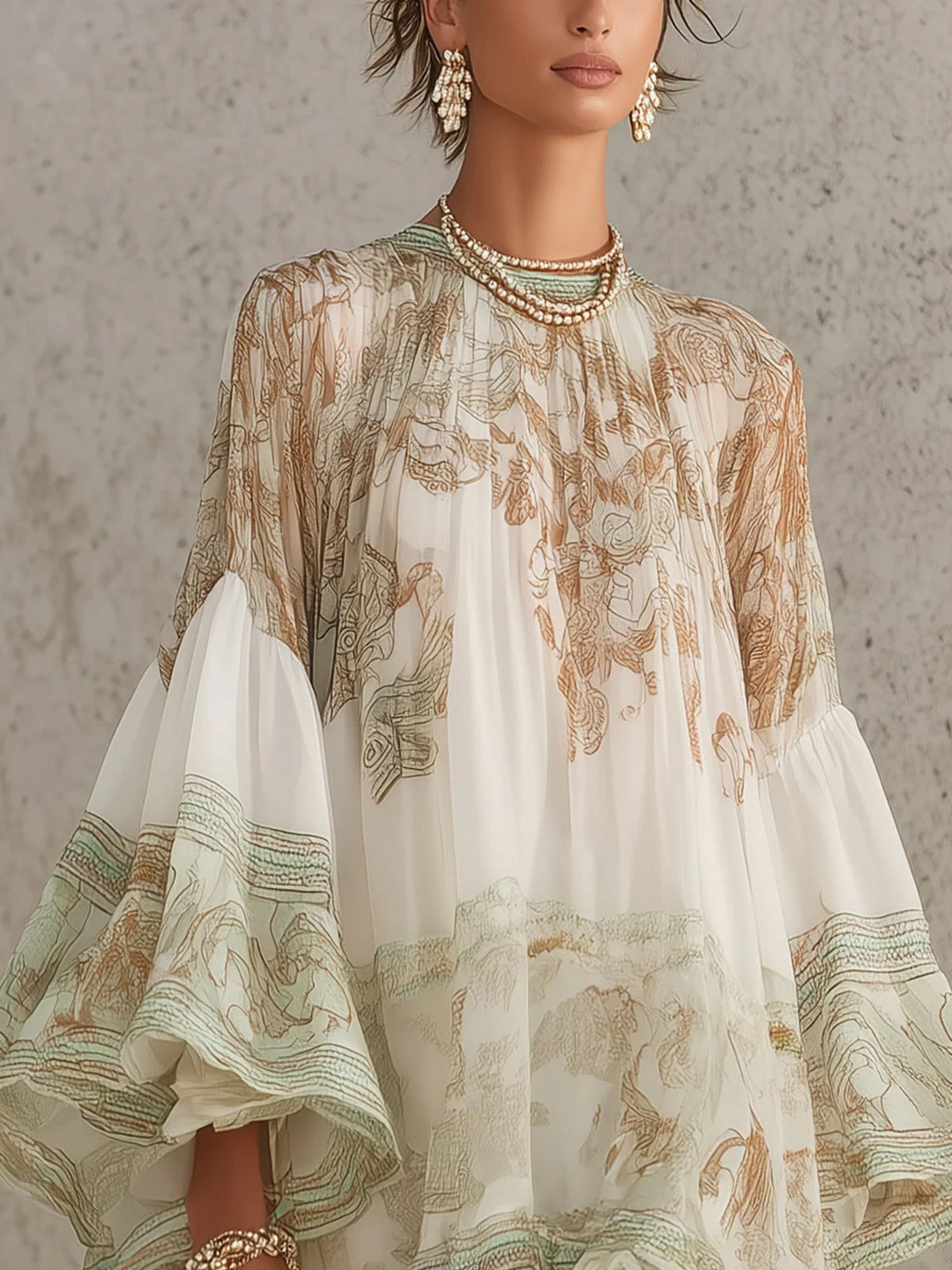 Rosalie | Chiffon-Minikleid mit Rüschensäumen und grünem gestreiftem Saum