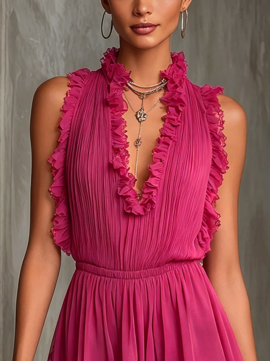 Faltender Chiffon-Jumpsuit mit Spitze und Rüschen in Fuchsia