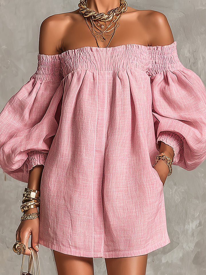 Violette | Rosa Minikleid mit schulterfreiem A-Linien-Schnitt und Laternenärmeln