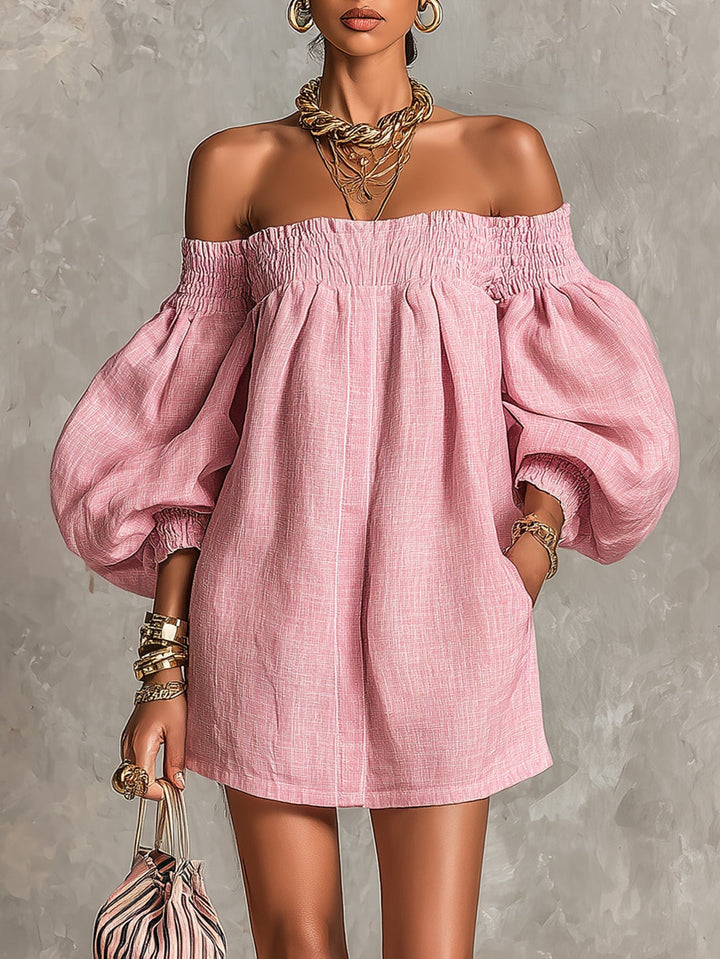 Violette | Rosa Minikleid mit schulterfreiem A-Linien-Schnitt und Laternenärmeln