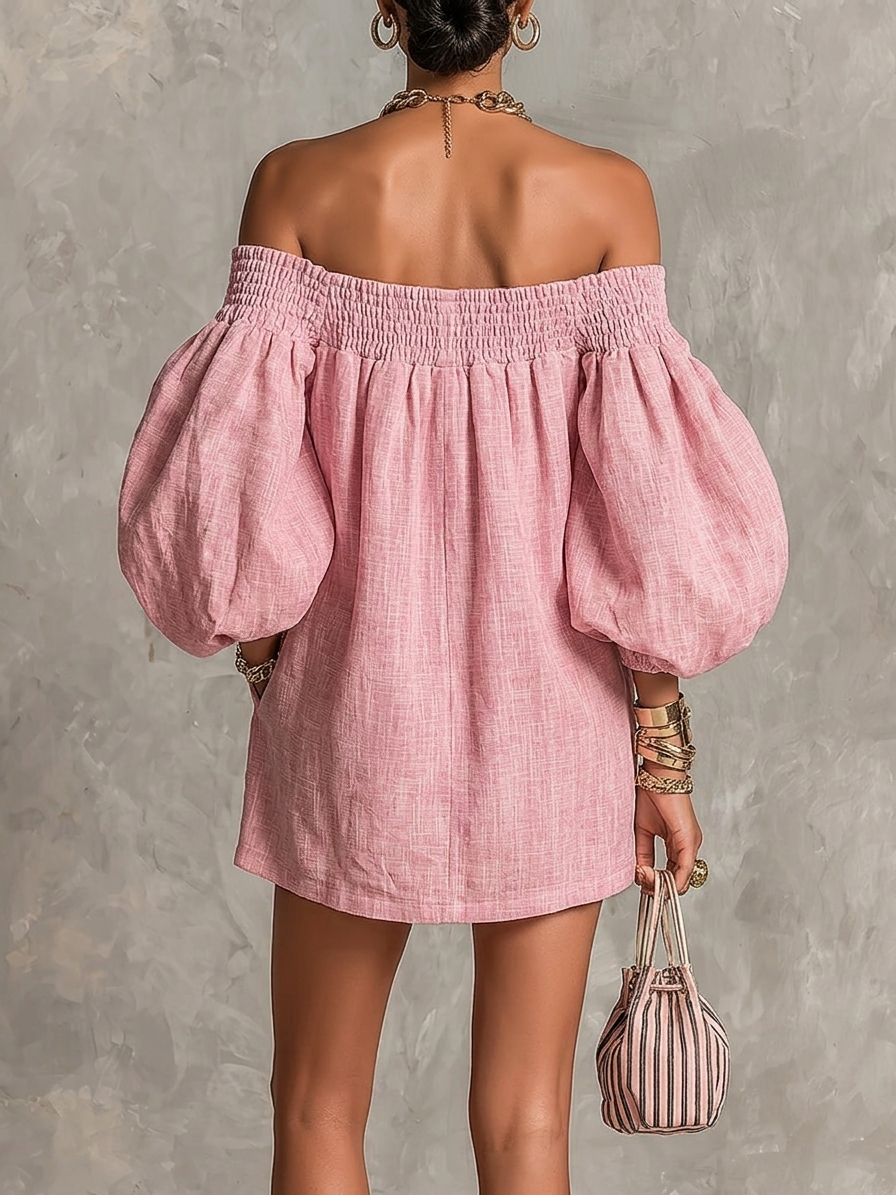 Violette | Rosa Minikleid mit schulterfreiem A-Linien-Schnitt und Laternenärmeln