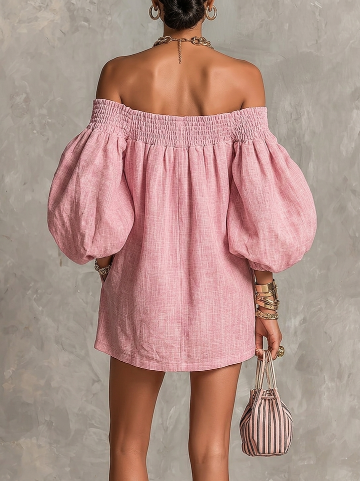Violette | Rosa Minikleid mit schulterfreiem A-Linien-Schnitt und Laternenärmeln
