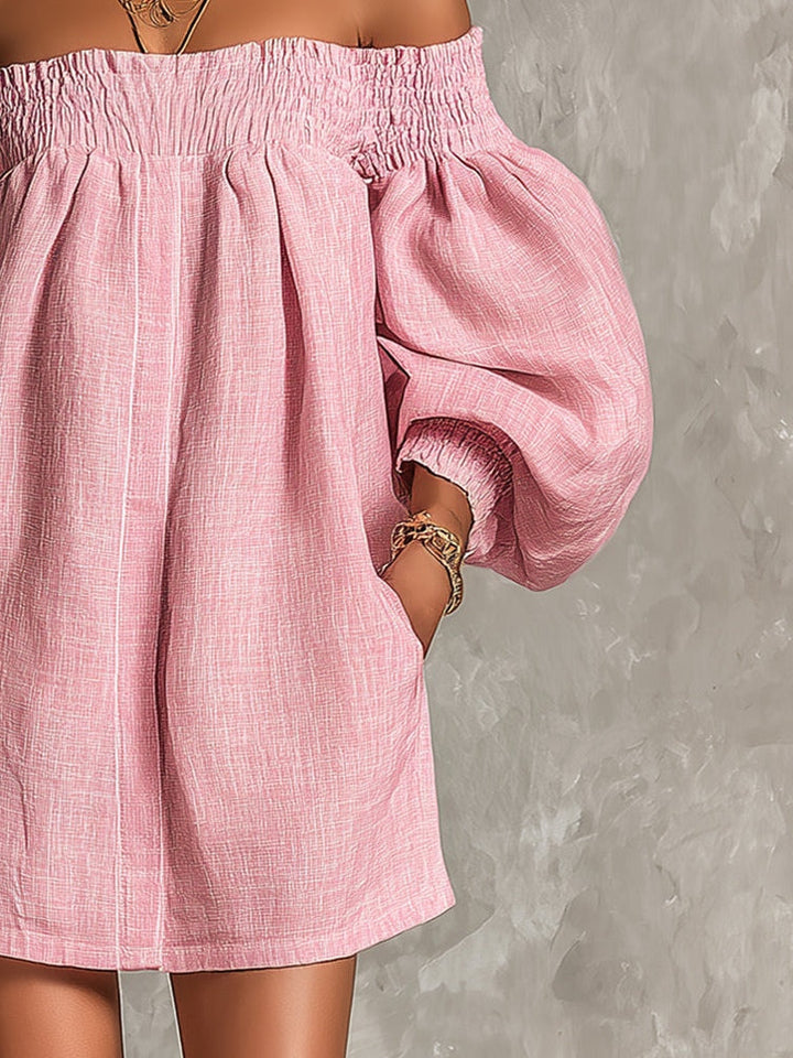 Violette | Rosa Minikleid mit schulterfreiem A-Linien-Schnitt und Laternenärmeln