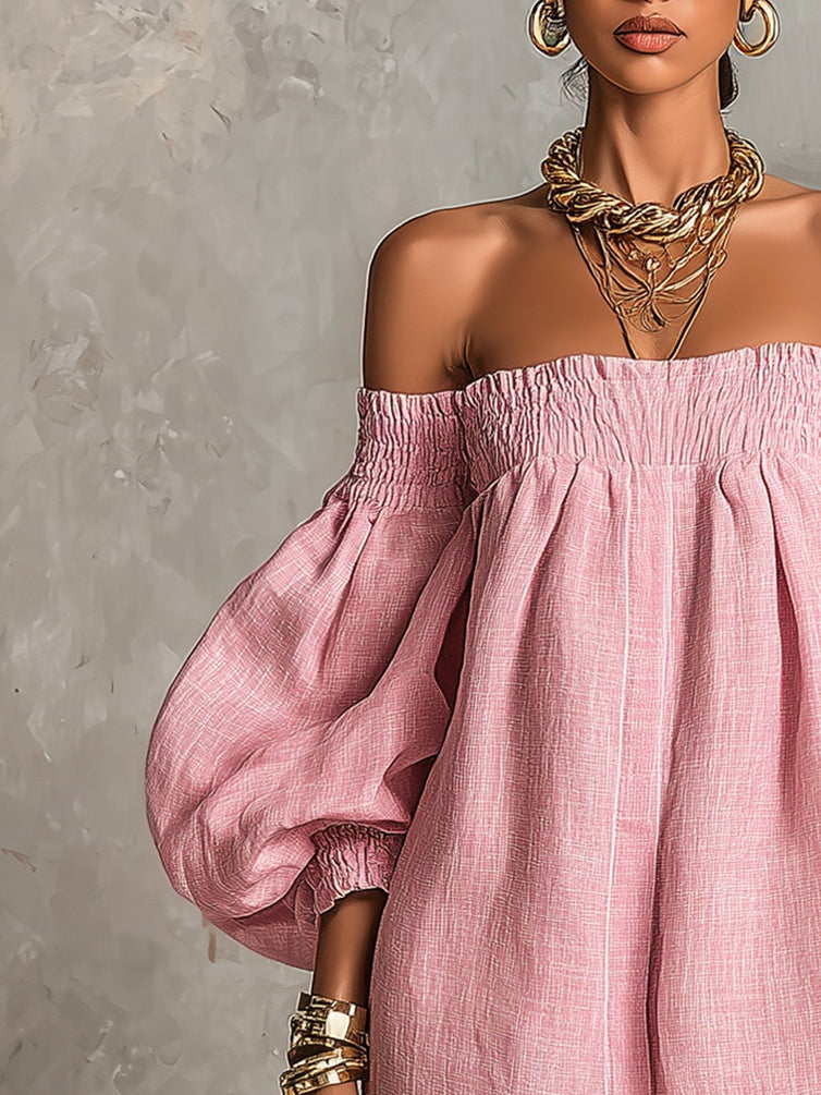 Violette | Rosa Minikleid mit schulterfreiem A-Linien-Schnitt und Laternenärmeln