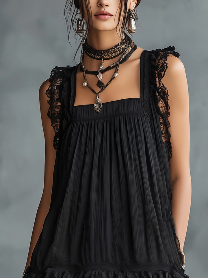 Pauline | Mini Durchsichtiges Kleid mit Punkten, Rüschen und schwarzen Spitze-Akzenten