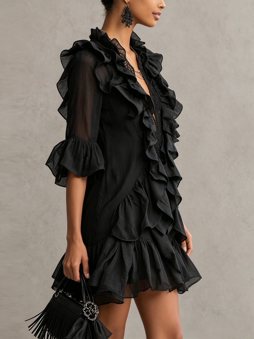 Anaïs | Schwarzes Rüschenshiffon-Minikleid
