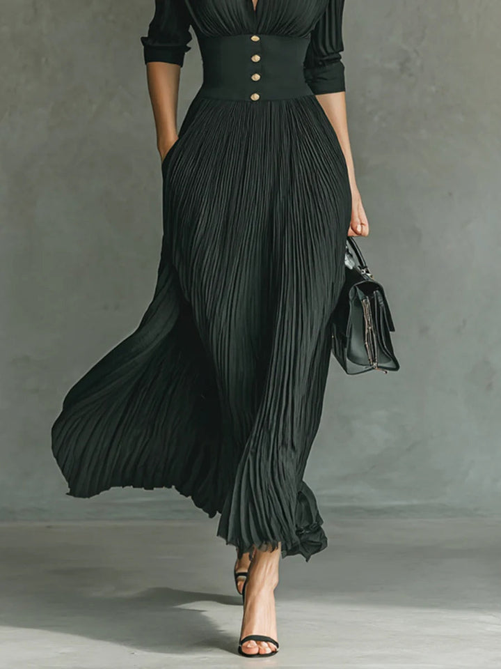 Elvire | Lange Plissierte Robe mit Revers und Hoher Taille