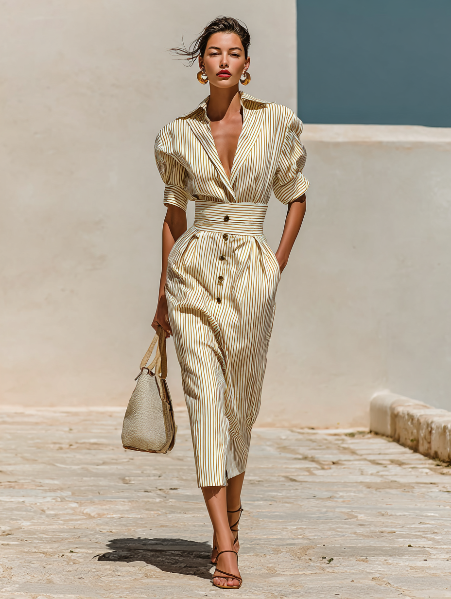 Gestreiftes Midi-Kleid mit Kragen und kurzen Ärmeln