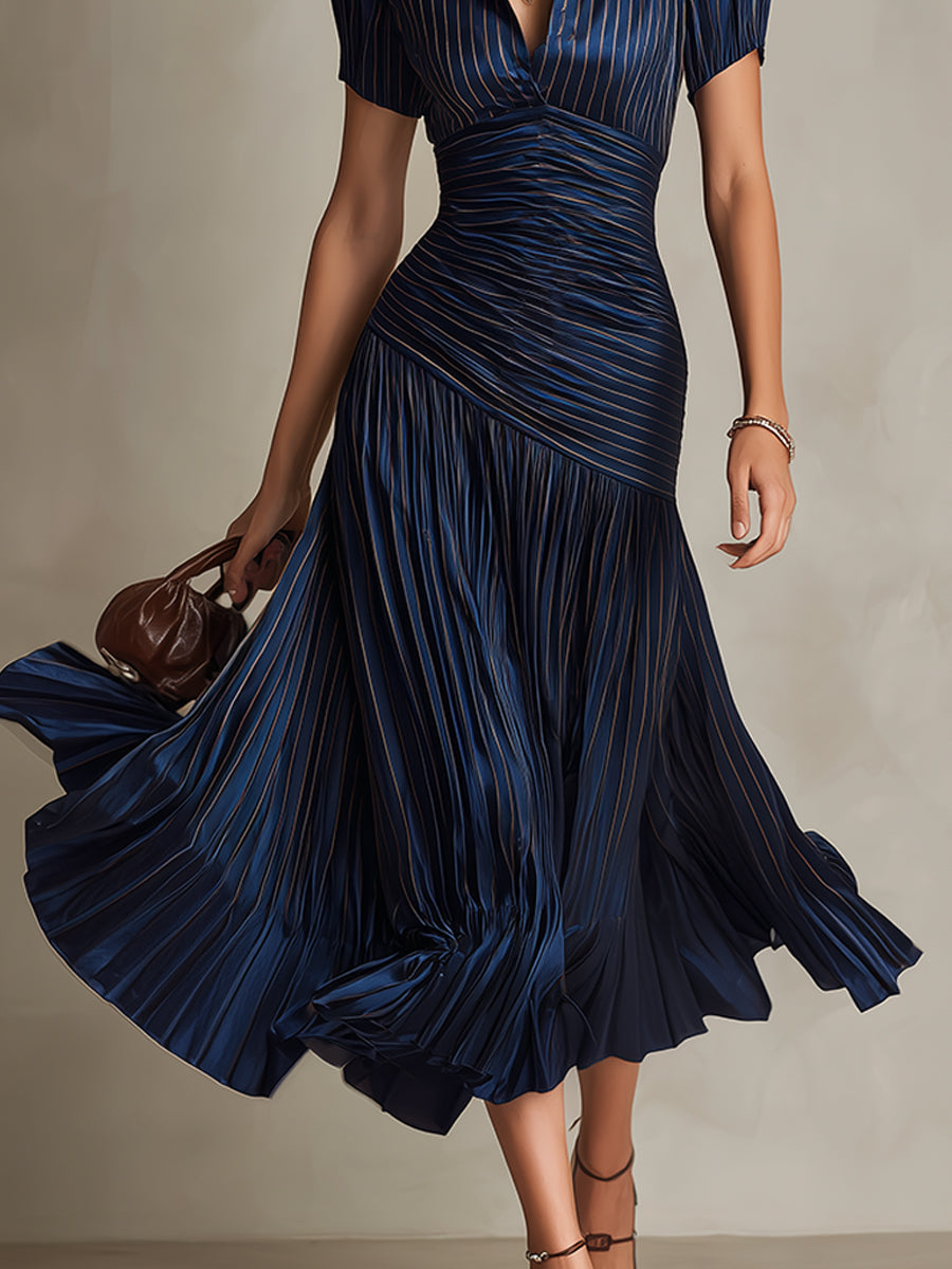 NORMA™ - RETRO GESTREIFTES SATIN-MIDIKLEID
