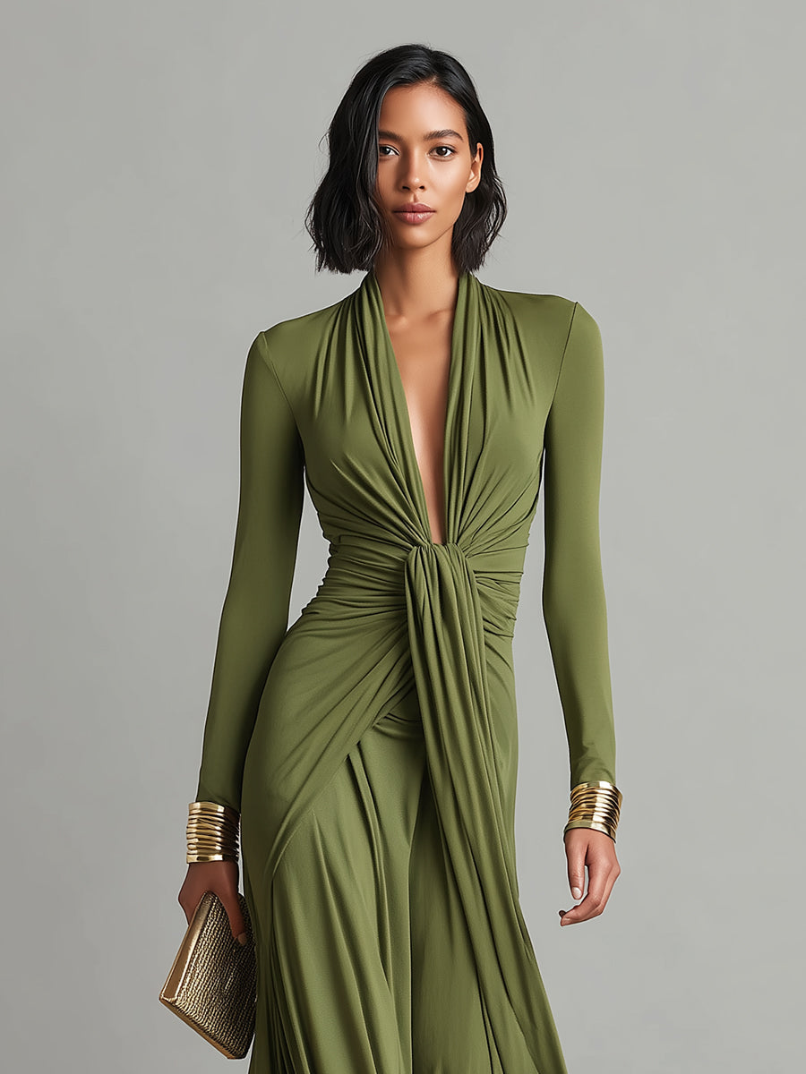 Olivgrünes Satin-Maxikleid mit V-Ausschnitt