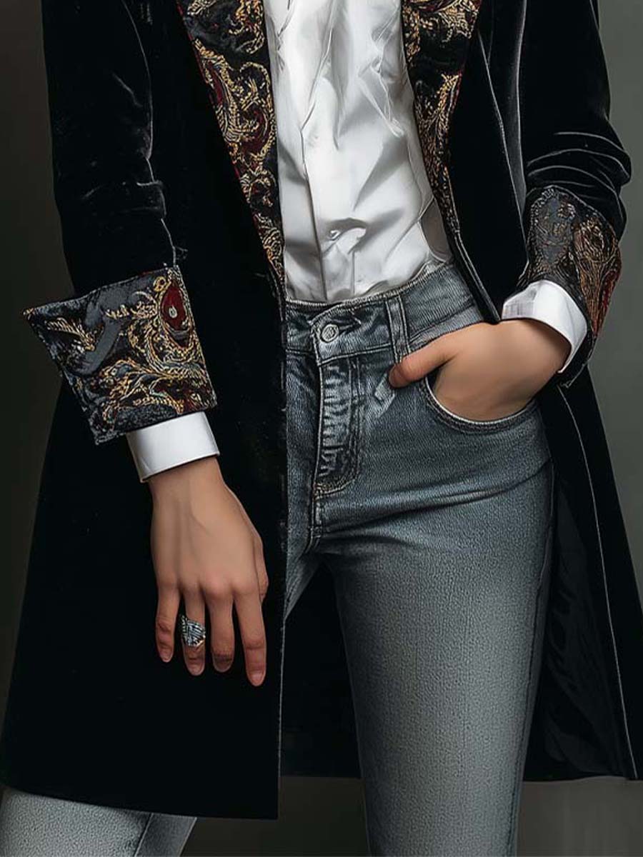 Léontine | Slim Fit Geprägter Barock Schwarzer Blazer