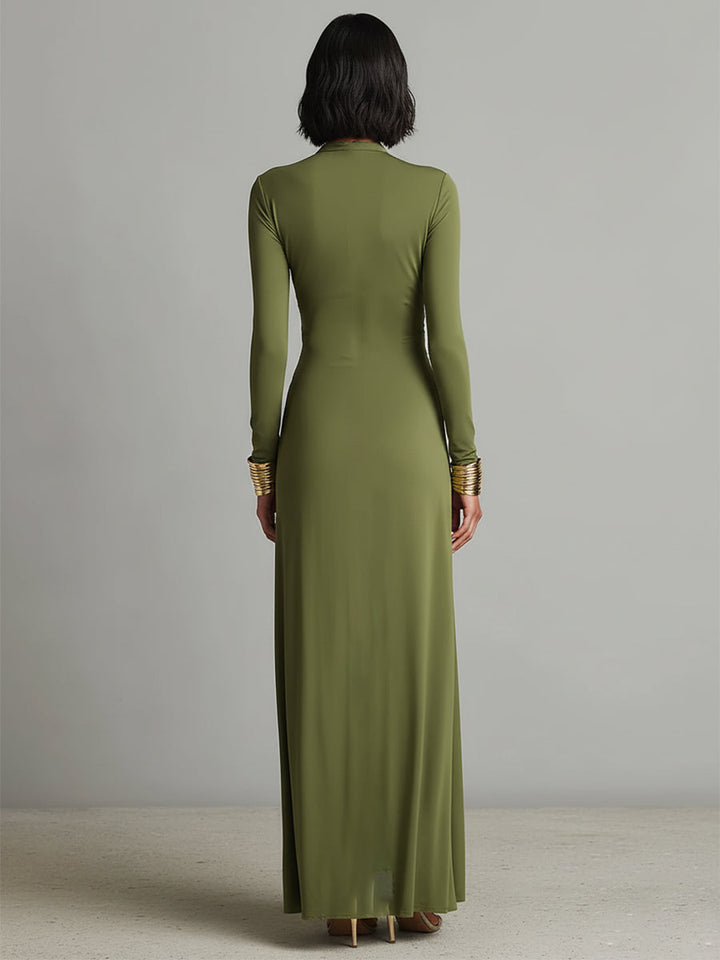 Olivgrünes Satin-Maxikleid mit V-Ausschnitt