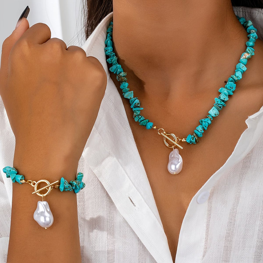 Set aus Türkis und Perlen Halskette und Armband