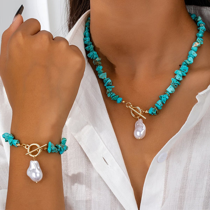 Set aus Türkis und Perlen Halskette und Armband
