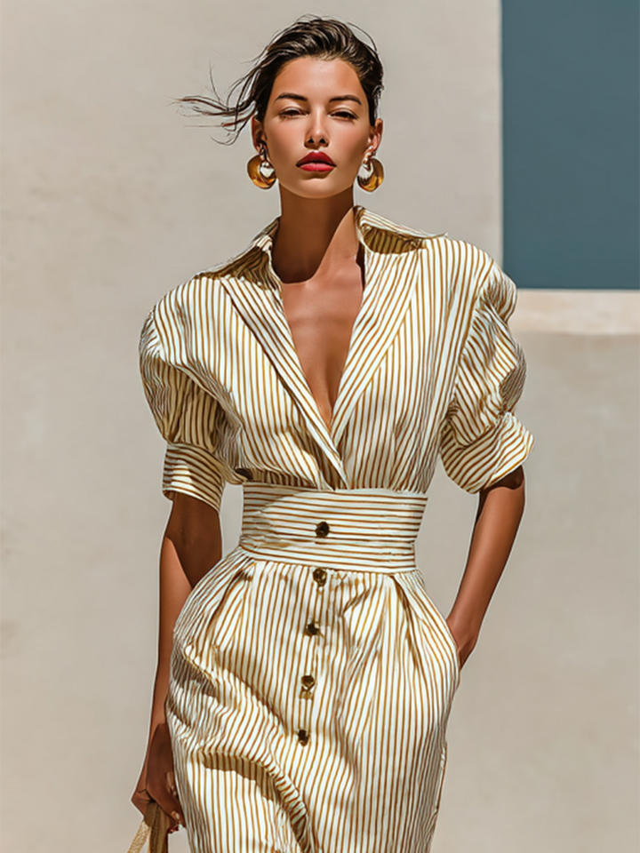 Gestreiftes Midi-Kleid mit Kragen und kurzen Ärmeln