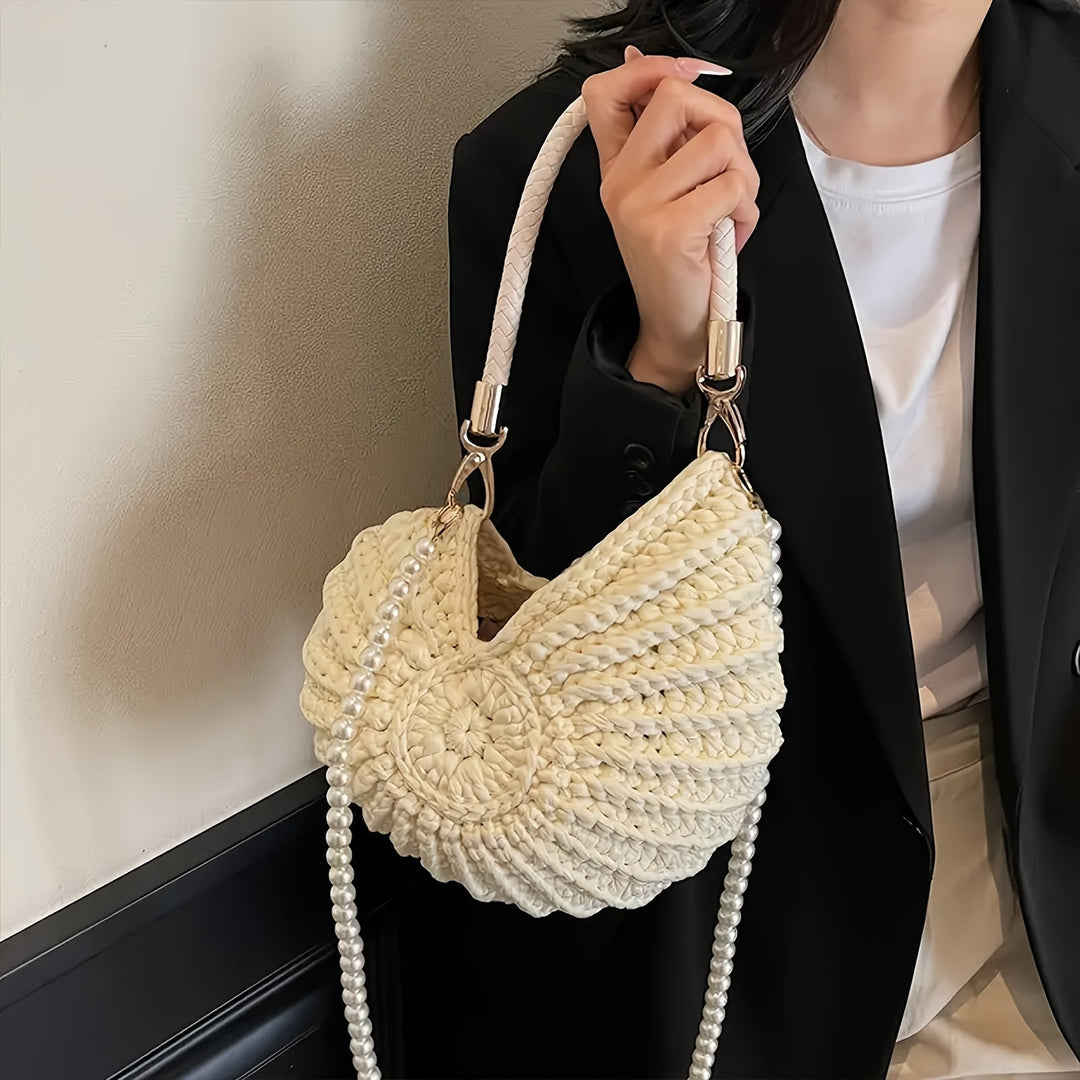 Tamara | Geflochtene Tote-Bag mit Kettenriemen - Cremeweiß