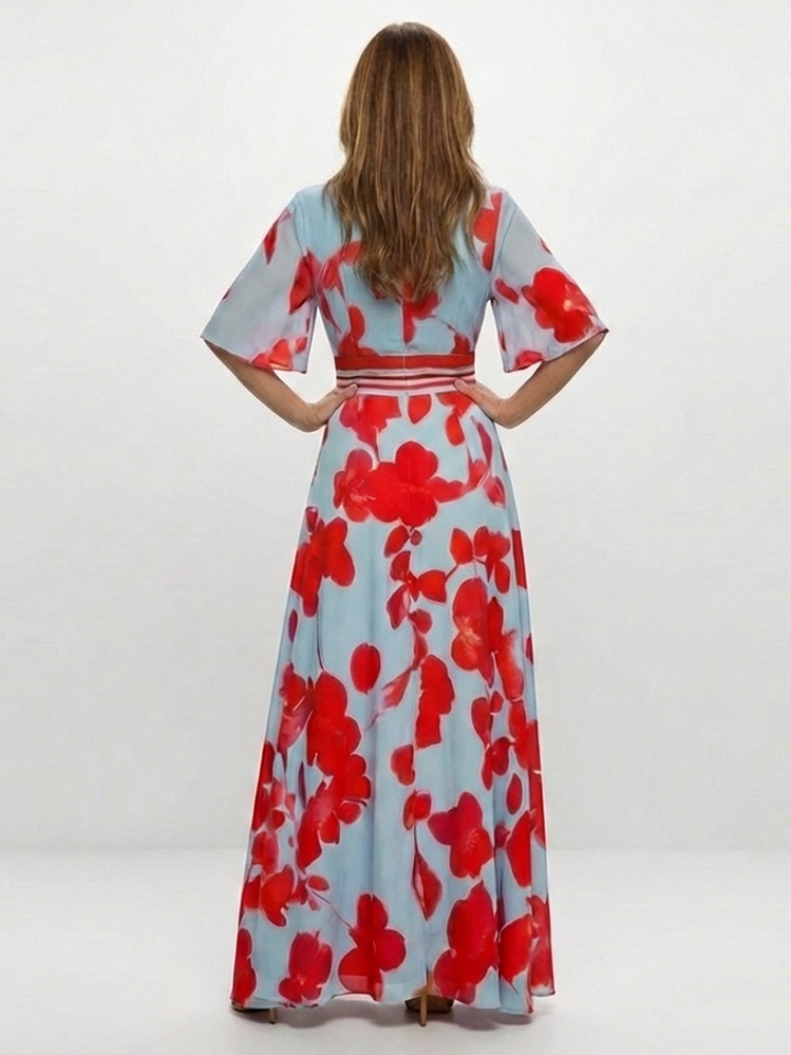 Corinne | Maxikleid mit V-Ausschnitt, kurzen Ärmeln und Blumendruck