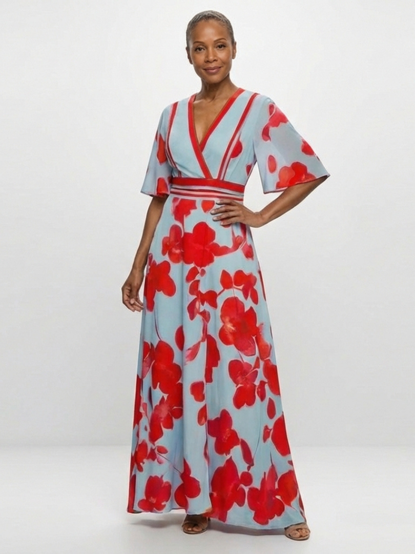 Corinne | Maxikleid mit V-Ausschnitt, kurzen Ärmeln und Blumendruck
