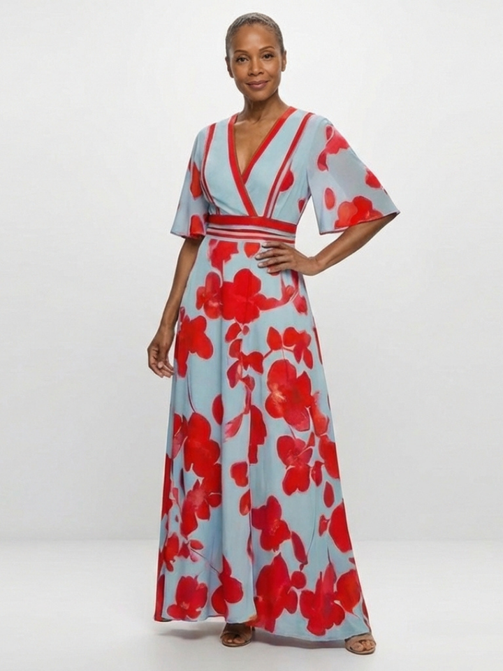 Corinne | Maxikleid mit V-Ausschnitt, kurzen Ärmeln und Blumendruck