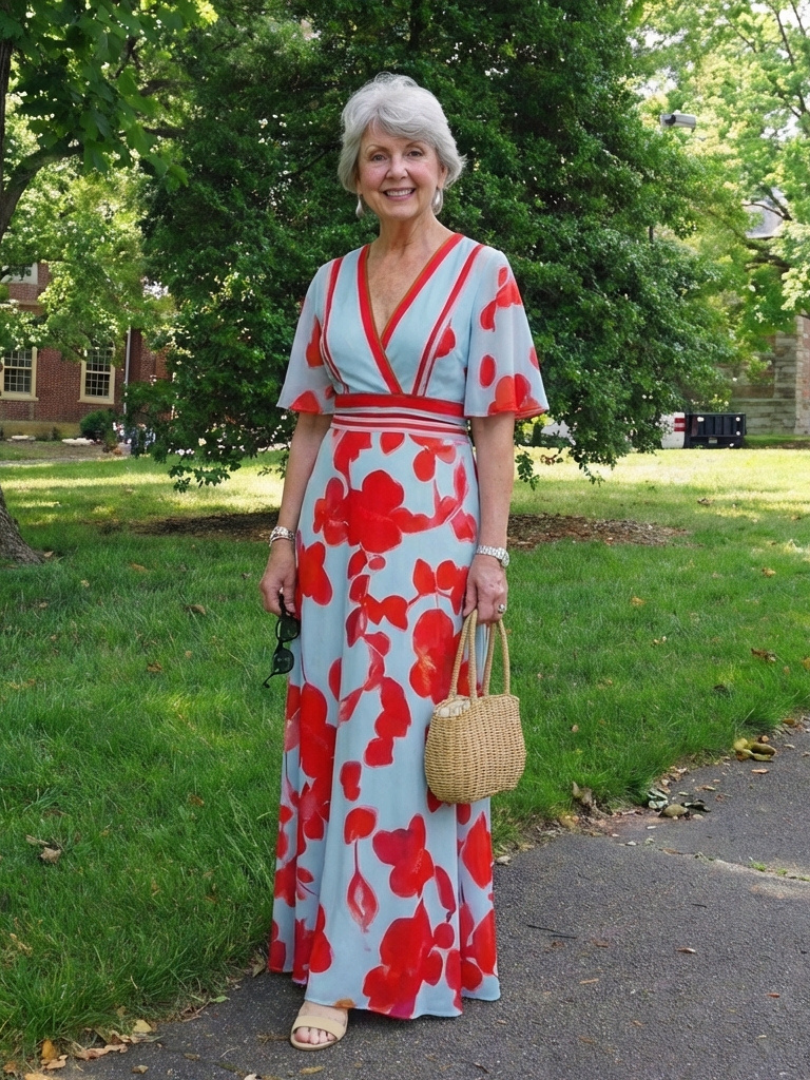 Corinne | Maxikleid mit V-Ausschnitt, kurzen Ärmeln und Blumendruck