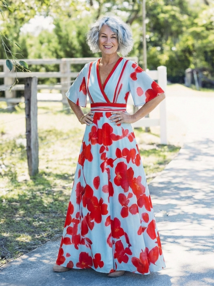 Corinne | Maxikleid mit V-Ausschnitt, kurzen Ärmeln und Blumendruck