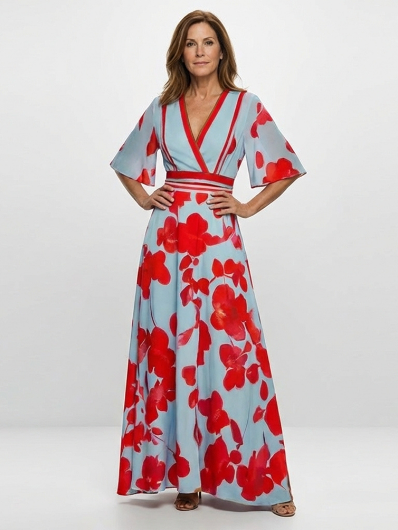 Corinne | Maxikleid mit V-Ausschnitt, kurzen Ärmeln und Blumendruck