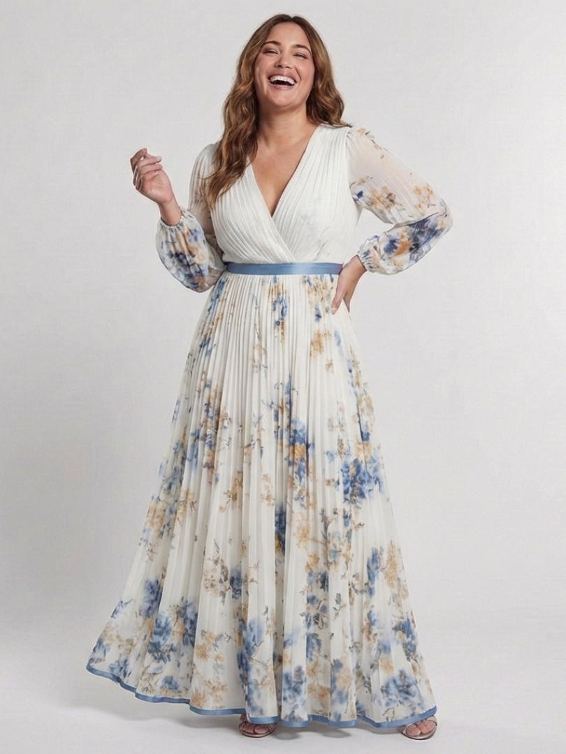 Lavinia | Maxikleid mit langen Ärmeln, V-Ausschnitt und Blumendruck