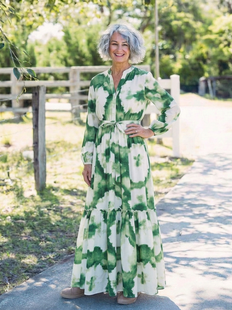 Sabine | Maxikleid mit langen Ärmeln und Taillengürtel
