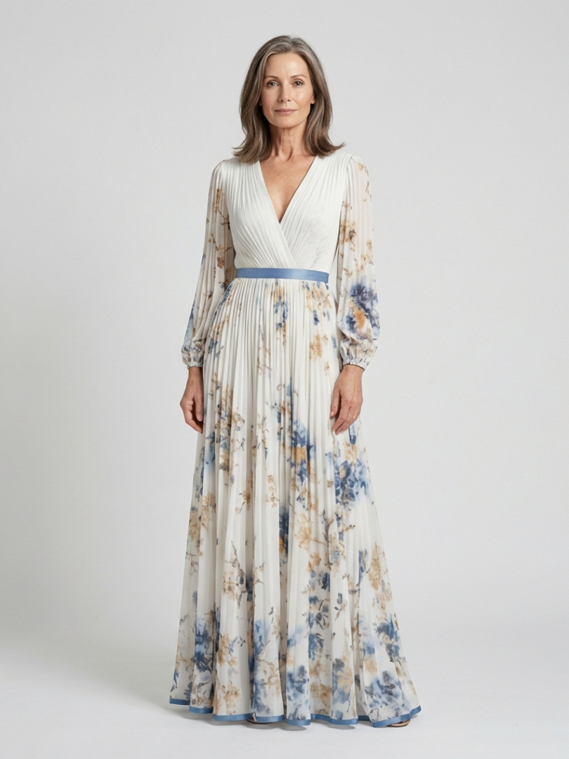 Lavinia | Maxikleid mit langen Ärmeln, V-Ausschnitt und Blumendruck