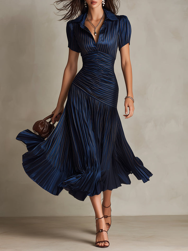 NORMA™ - RETRO GESTREIFTES SATIN-MIDIKLEID