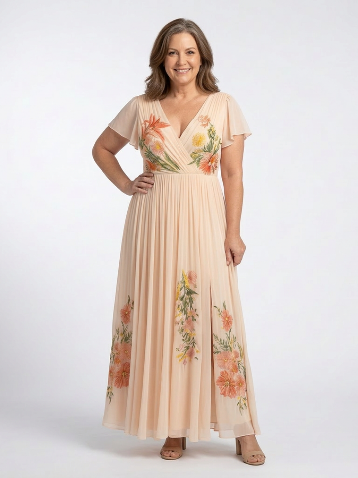 Calista | Maxikleid mit V-Ausschnitt, kurzen Ärmeln und Plissee