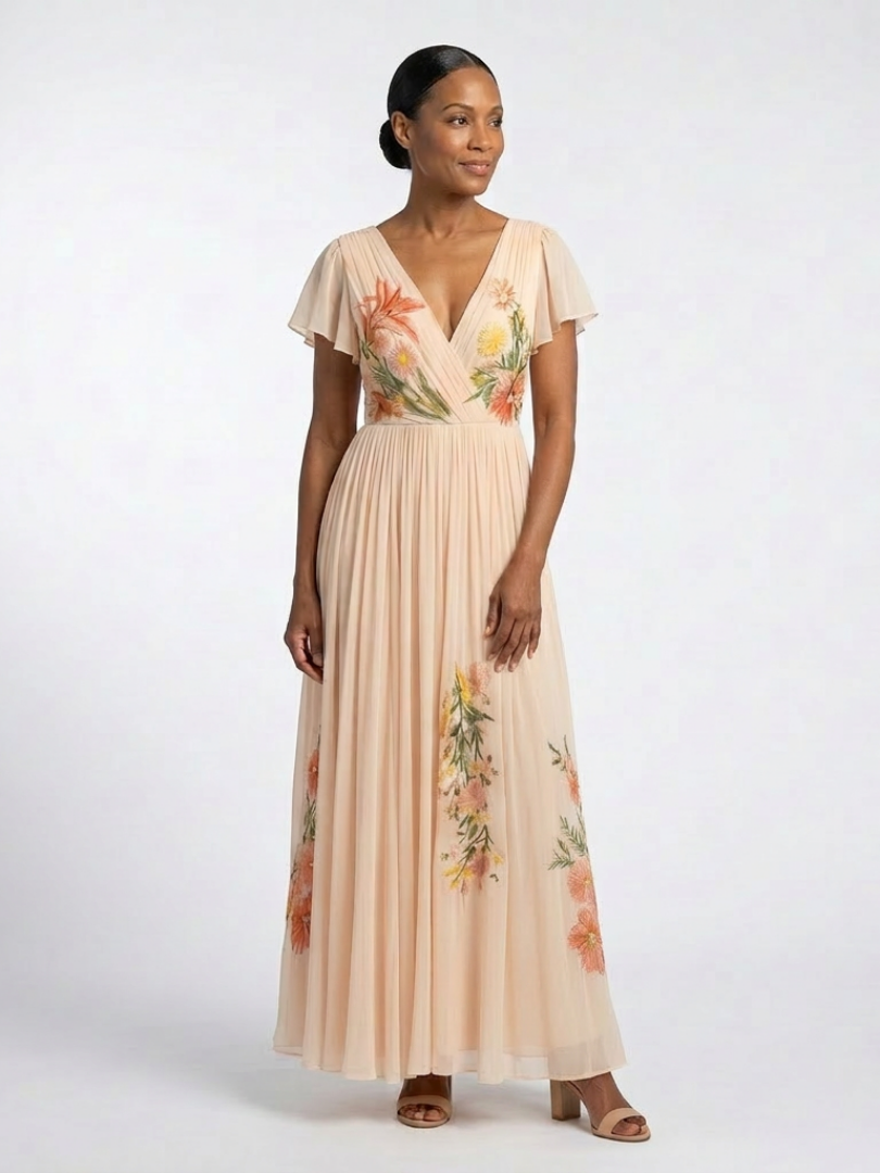 Calista | Maxikleid mit V-Ausschnitt, kurzen Ärmeln und Plissee