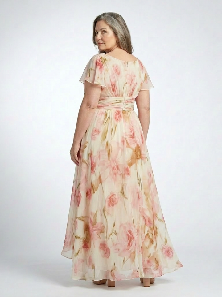 Elara | Maxikleid mit V-Ausschnitt, kurzen Ärmeln und Blumendruck