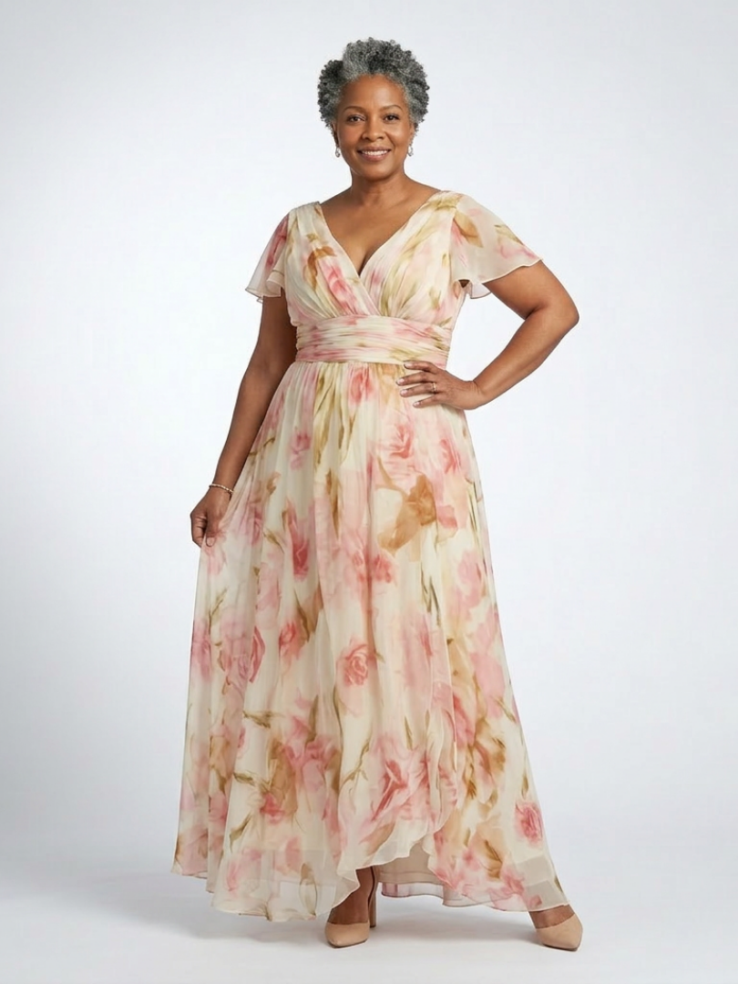 Elara | Maxikleid mit V-Ausschnitt, kurzen Ärmeln und Blumendruck