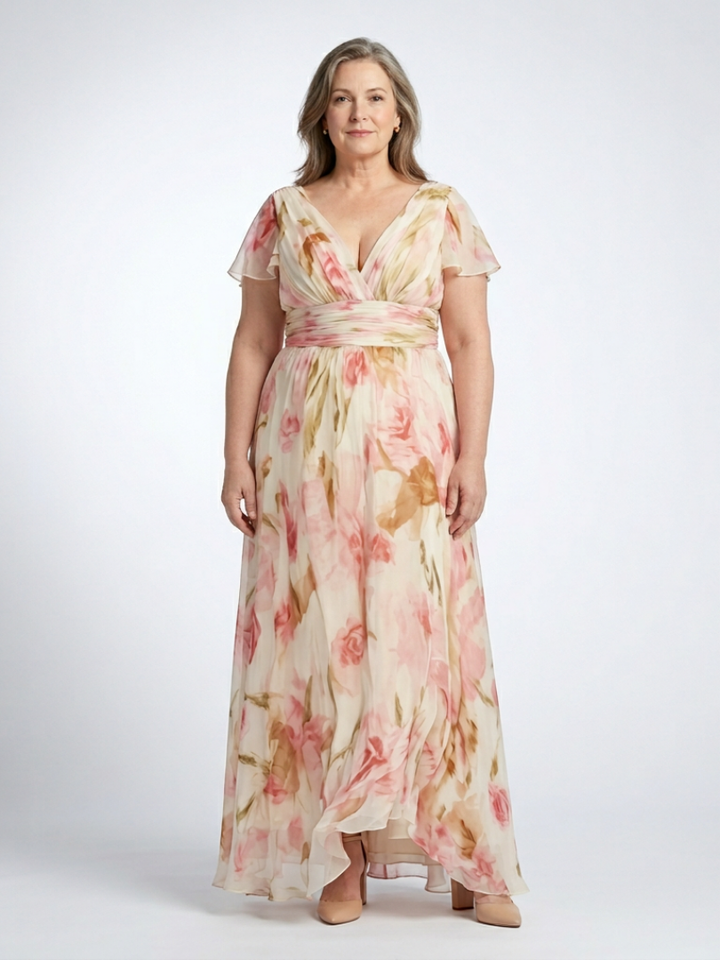 Elara | Maxikleid mit V-Ausschnitt, kurzen Ärmeln und Blumendruck