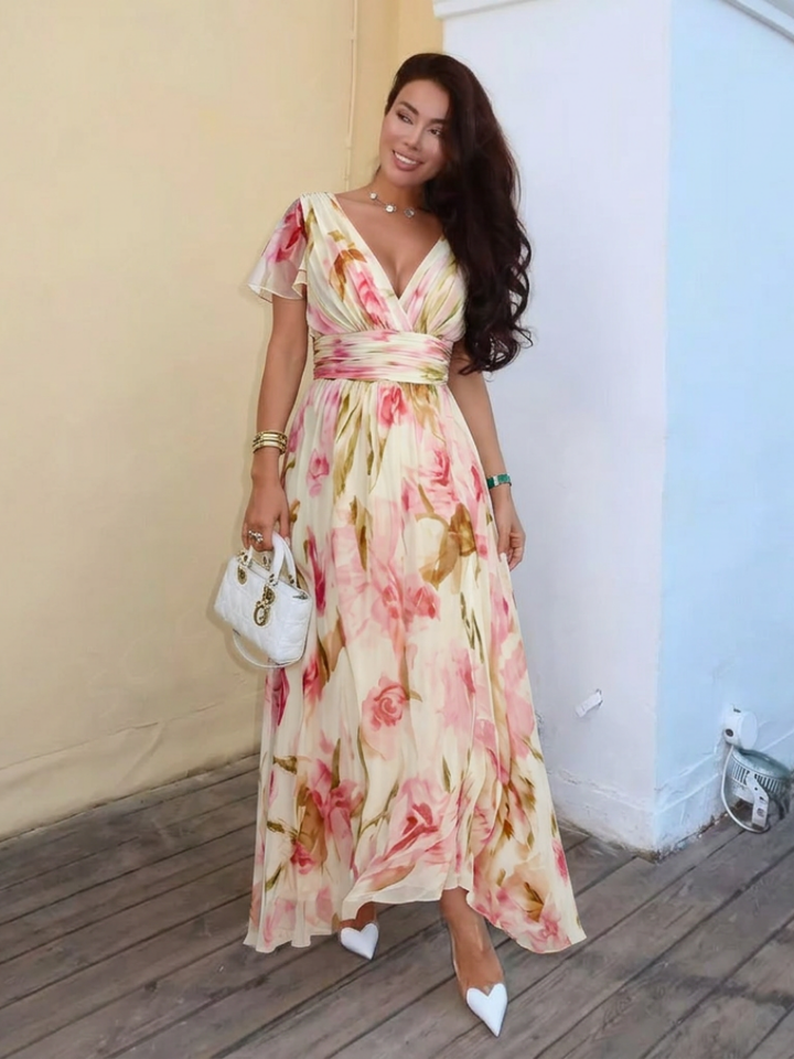 Elara | Maxikleid mit V-Ausschnitt, kurzen Ärmeln und Blumendruck