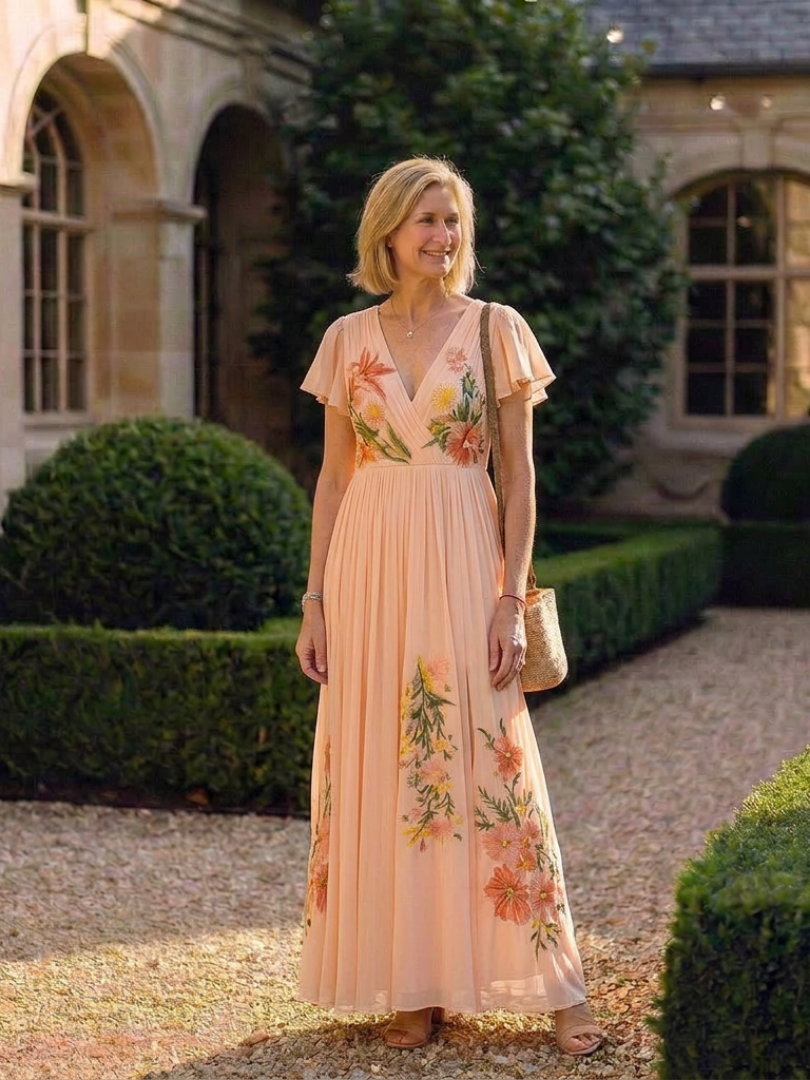 Calista | Maxikleid mit V-Ausschnitt, kurzen Ärmeln und Plissee