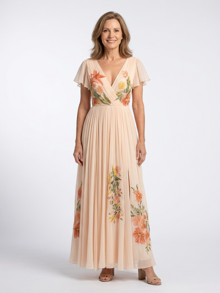 Calista | Maxikleid mit V-Ausschnitt, kurzen Ärmeln und Plissee