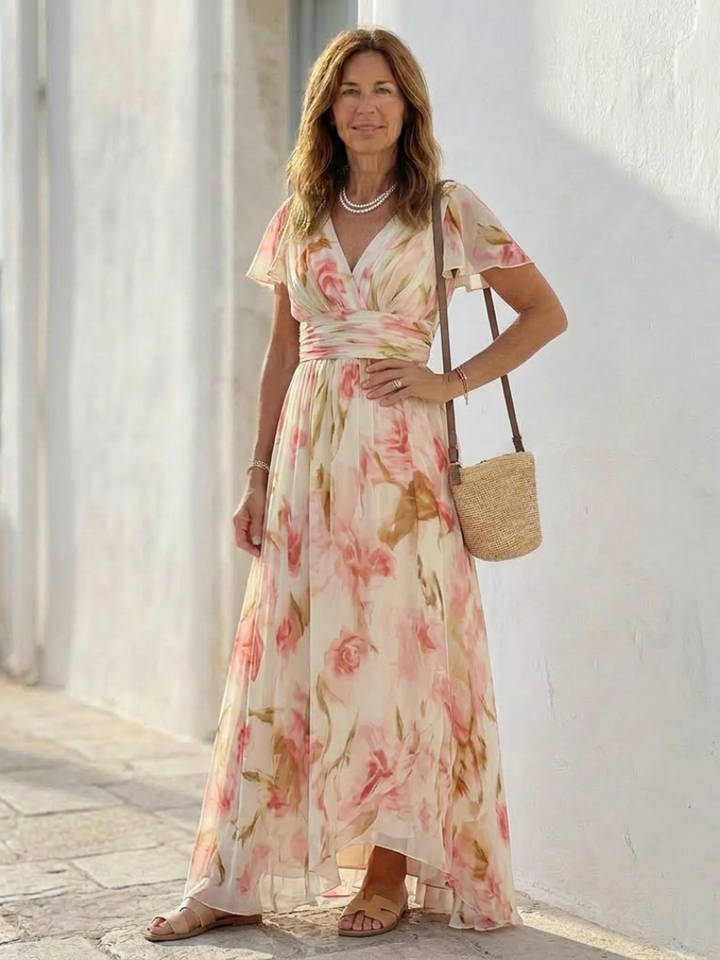 Elara | Maxikleid mit V-Ausschnitt, kurzen Ärmeln und Blumendruck