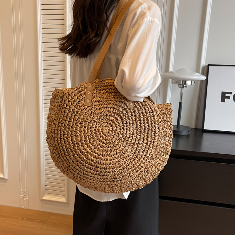 Linda | Runde Tasche aus Geflochtenem Stroh - Haselnuss