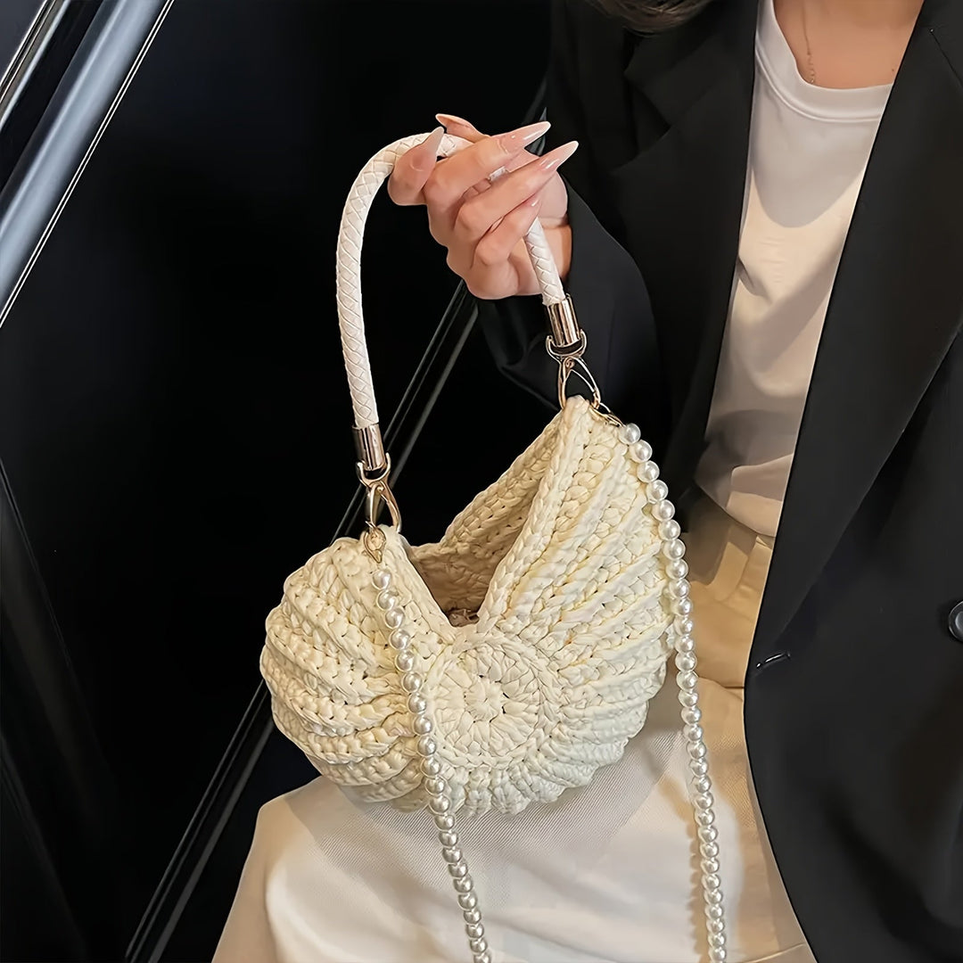 Tamara | Geflochtene Tote-Bag mit Kettenriemen - Cremeweiß