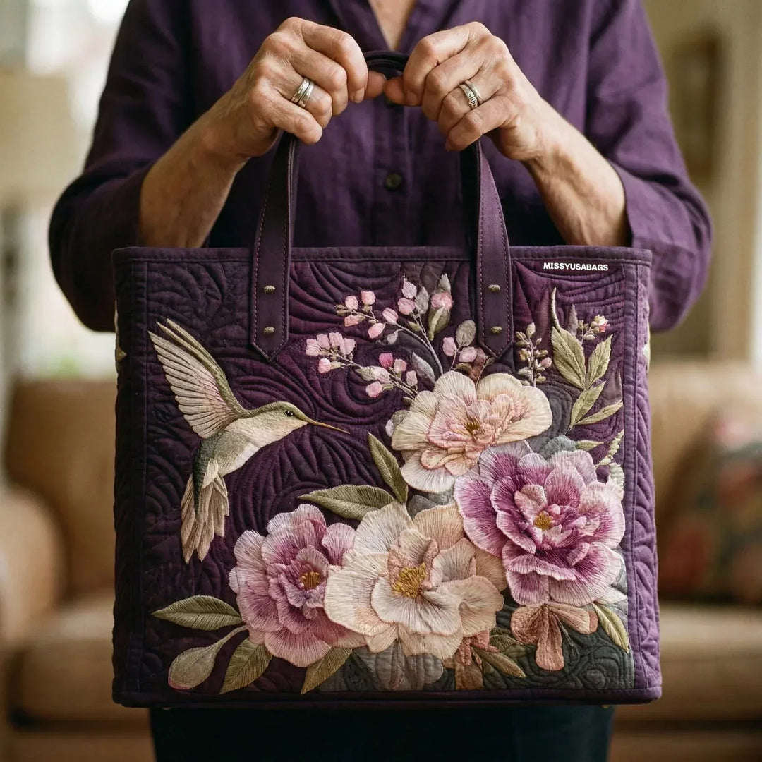 Handgefertigte gepolsterte Tasche - Kolibris und Orchideen