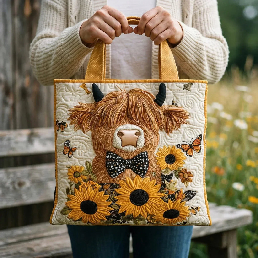 Gepolsterte Tasche - Highlands-Rind mit Sonnenblumen