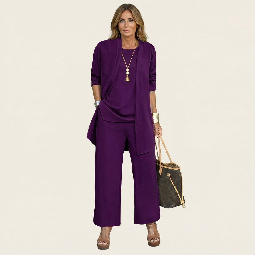 Marijne dreiteiliges Set mit Strickjacke, Top und weitem Hose