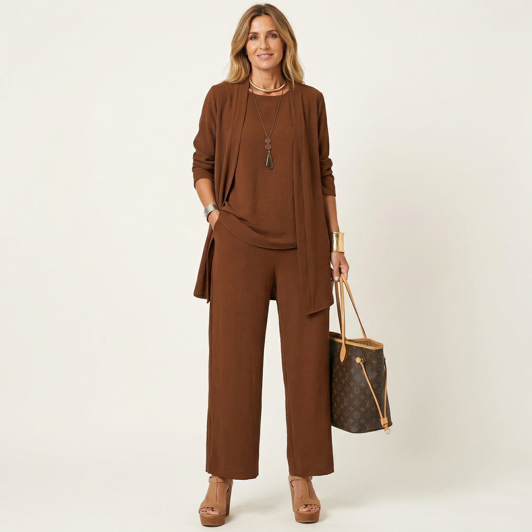 Marijne dreiteiliges Set mit Strickjacke, Top und weitem Hose