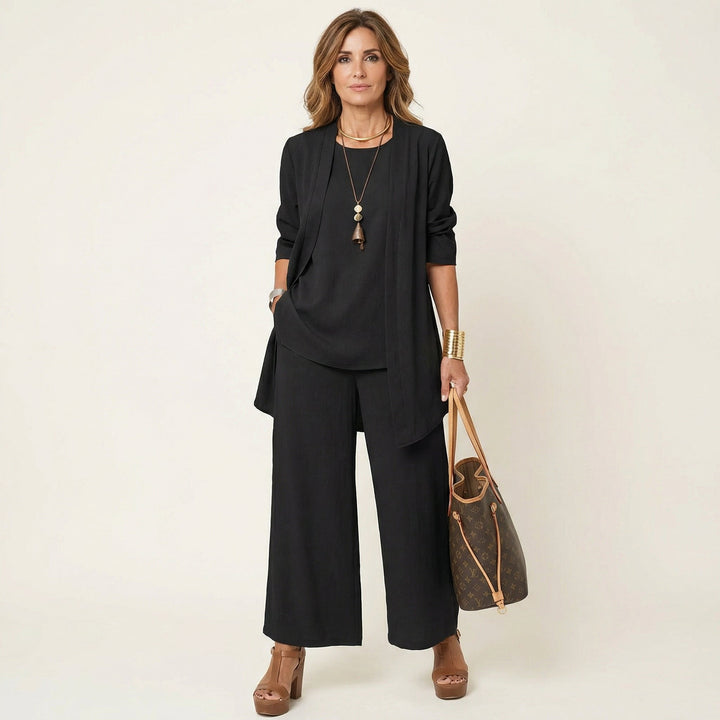 Marijne dreiteiliges Set mit Strickjacke, Top und weitem Hose
