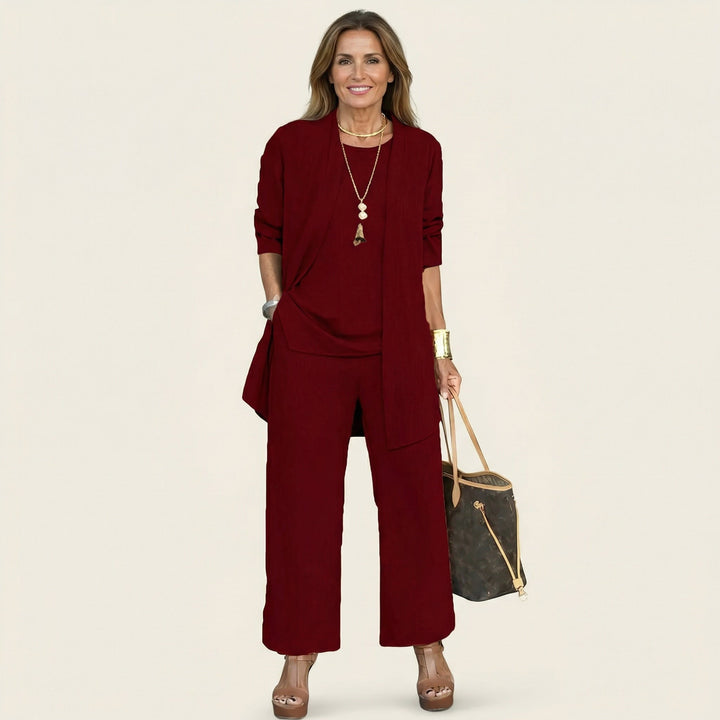 Marijne dreiteiliges Set mit Strickjacke, Top und weitem Hose