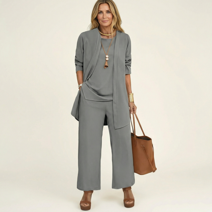Marijne dreiteiliges Set mit Strickjacke, Top und weitem Hose